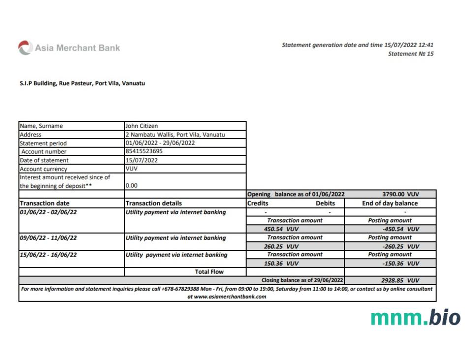 Wyciąg bankowy Vanuatu Asia Merchant, format Excel i PDF